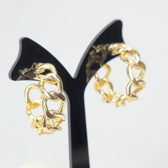 NWT 18K Gold Curb Chain Links Hoop Huggie Earring - Picture 6 of 8